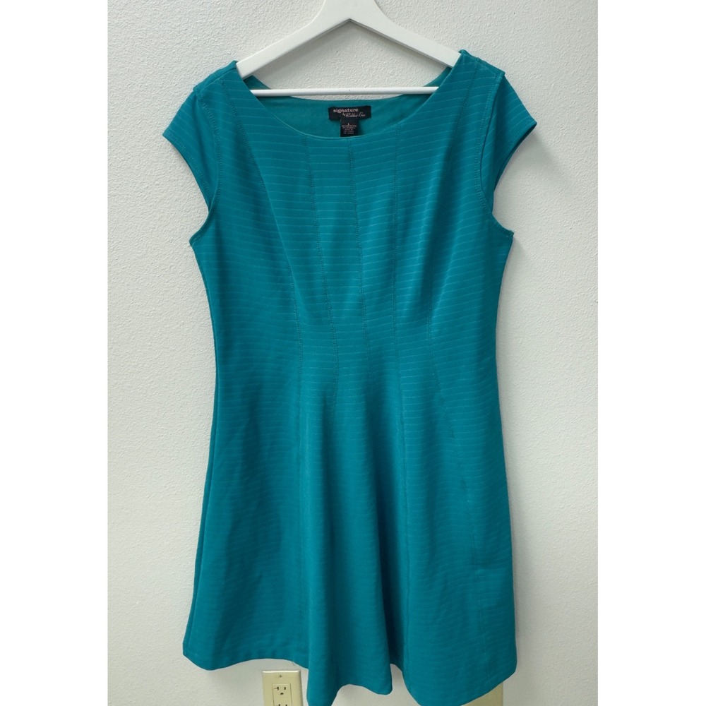 Signature by Robbie Bee Dress L Teal Blue Ribbed Fit & Flare Office